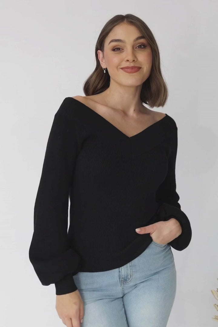 Apres Knit Top - V Neck Slightly Off Shoulder Balloon Sleeve Knit in Black