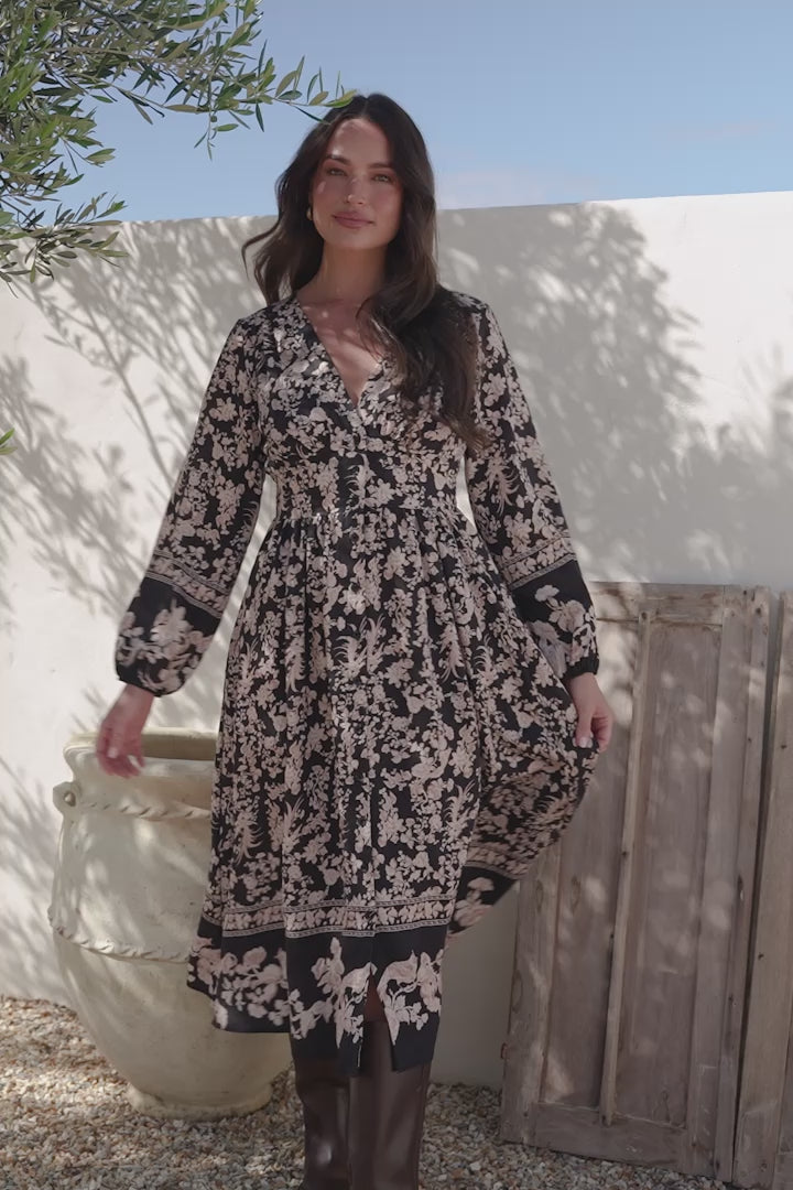 Soho Midi Dress - V Neck Button Down Tiered Dress with Pockets in Villa Print