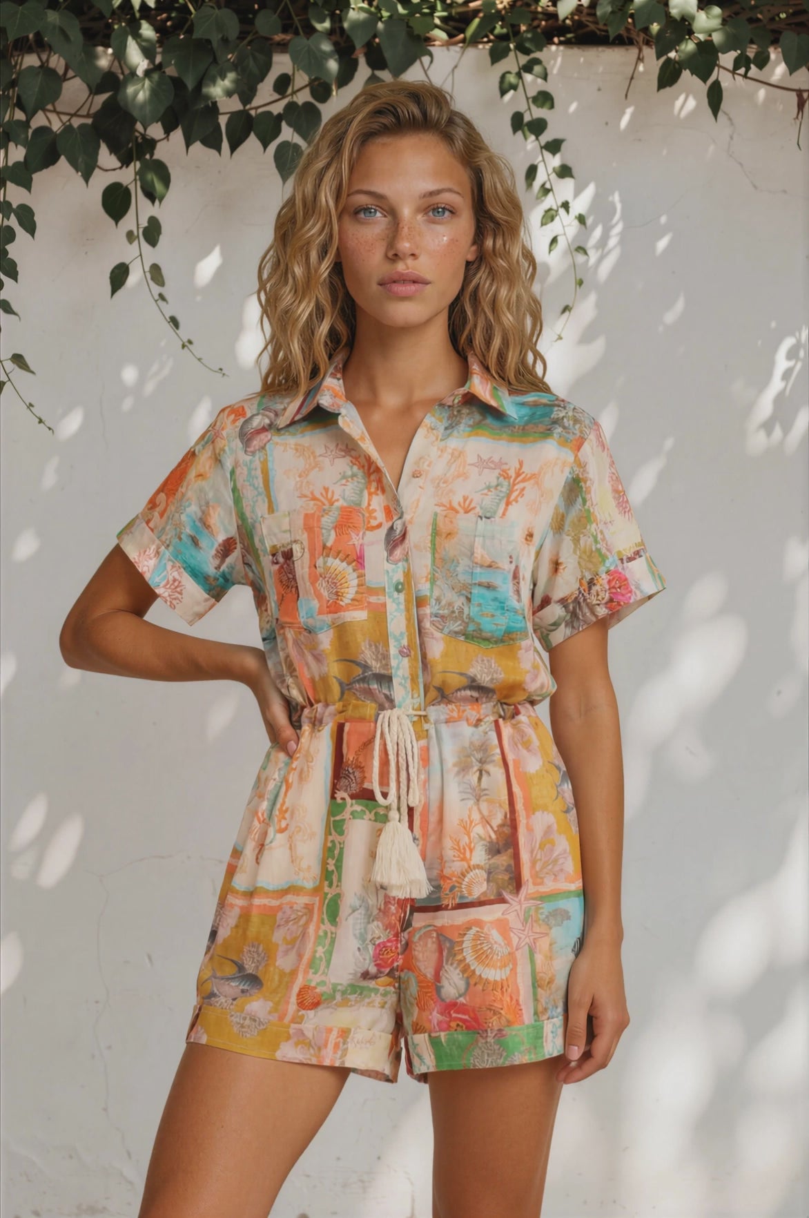 Jarah Playsuit - Collared Button Down to Waist with Tie Playsuit in Iluka Print