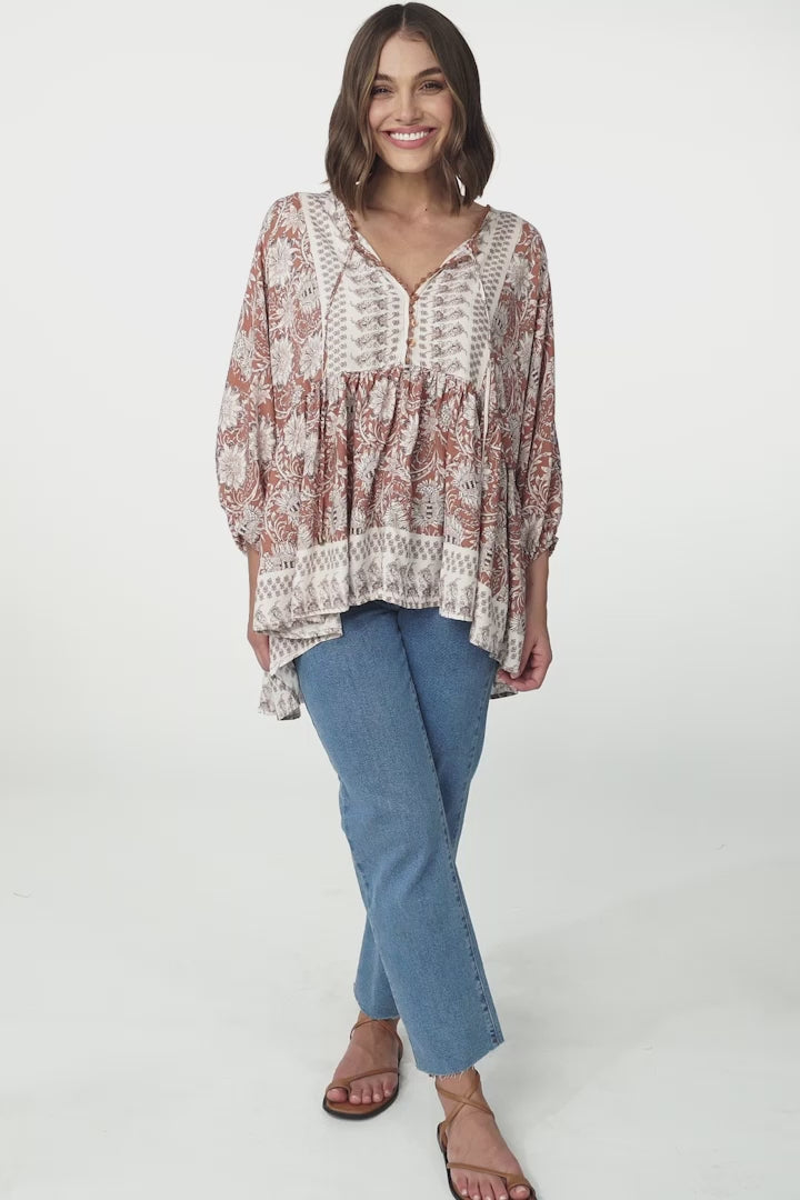JAASE - Chloe Top: Very Oversized Crochet Trim Neckline Smock Top in Indah Print
