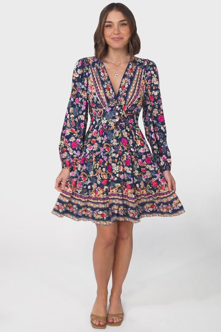 Soho Mini Dress - A Line Button Down Tiered Dress in Elyce Print