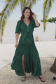 Rachel Maxi Dress - V-Neck 3/4 Sleeve Pull Tie Waist Tiered Dress in Emerald