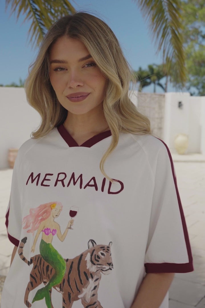 Mermaid Vino Club Tee - Graphic Print Short Sleeve T-Shirt with Racer Stripe Sleeves in White