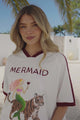 Mermaid Vino Club Tee - Graphic Print Short Sleeve T-Shirt with Racer Stripe Sleeves in White