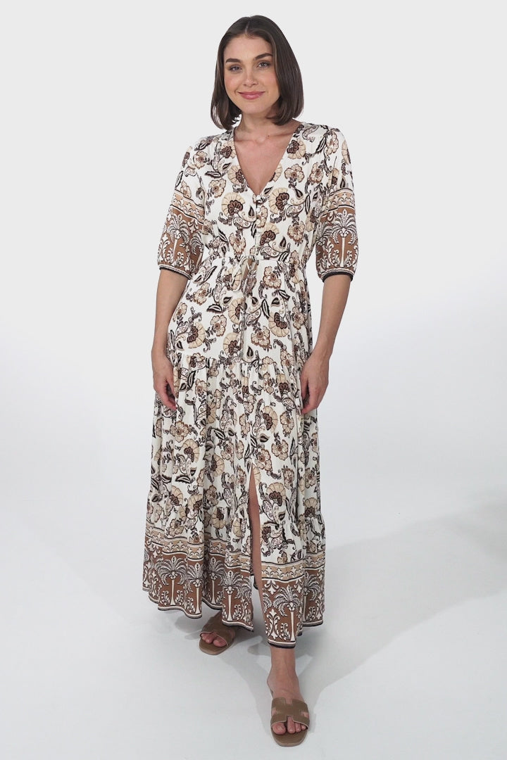 Rachel Maxi Dress - V-Neck 3/4 Sleeve Pull Tie Waist Tiered Dress in Djonga Print Beige