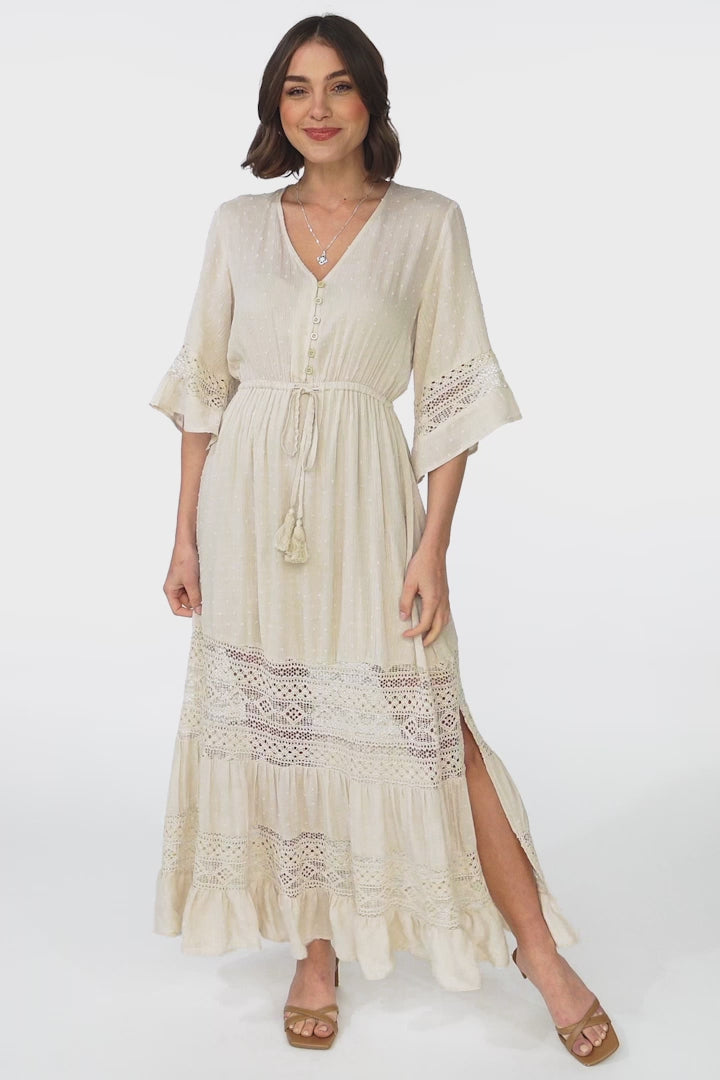 Kaely Maxi Dress - Delicate Lace Panel Detailed A Line Dress in Cream