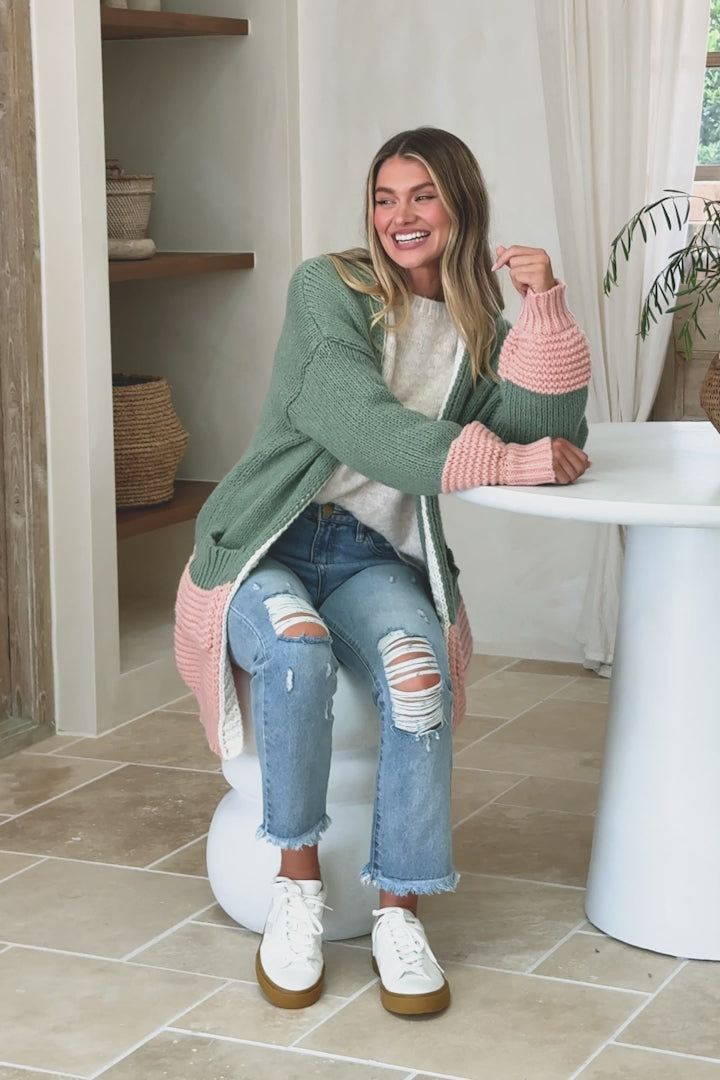 Bessie Cardigan - Color Block Open Knit in Melon