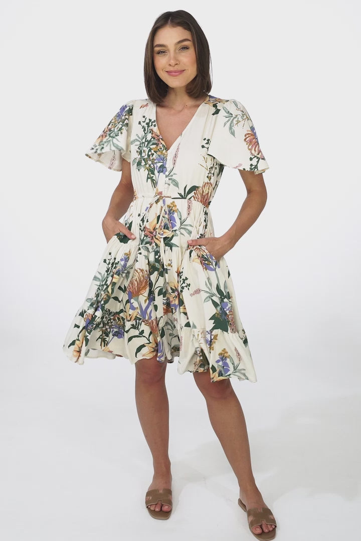 Elle Mini Dress - Buttoned Bodice A-Line Dress with Flute Sleeves in Raven Print White