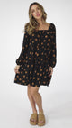 Aria Mini Dress - Milkmaid Neckline Long Sleeve Tiered Dress in Mahony Print