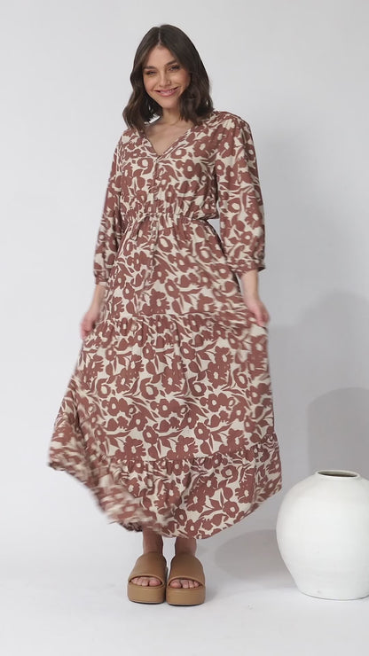 Seara Maxi Dress - Button Down Bodice Tiered A-Line Dress in Emma-Jade Print Brown
