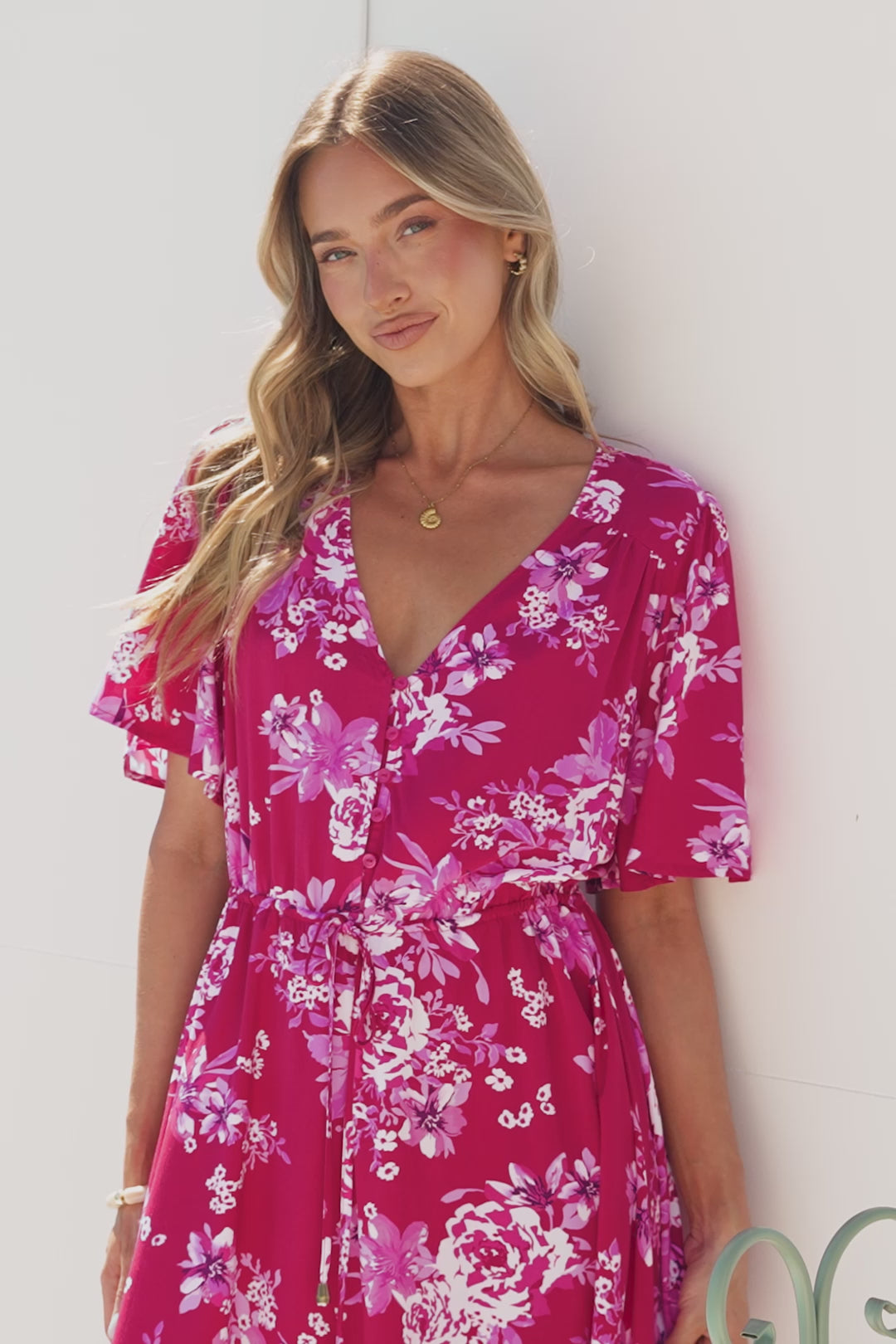 Arabella Mini Dress - V Neck Button-Front Dress with Adjustable Tie Waist in Kimberly Print Pink