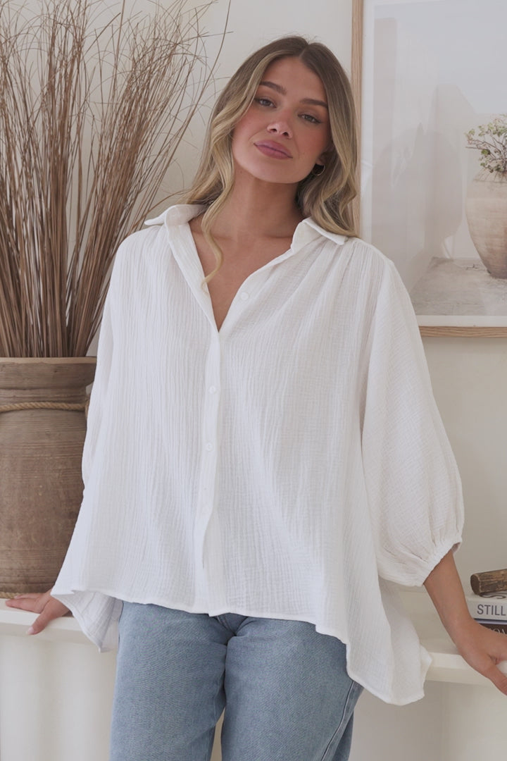 Samsara Shirt - Collared Oversized Button Down with Balloon Sleeves in White
