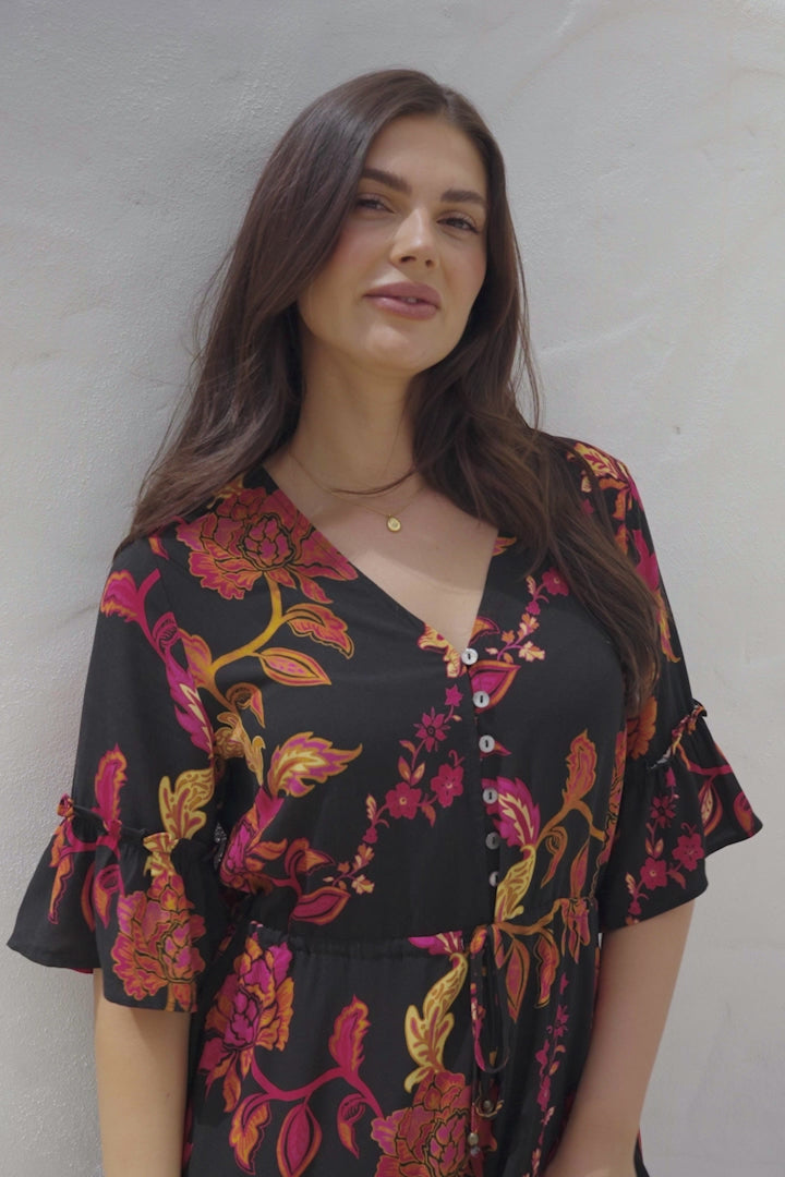 Kyra Mini Dress - Tiered V-Neck Dress with Pull Tie Waist in Valerie Print