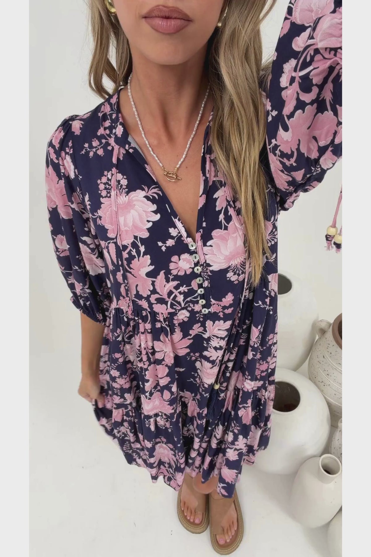 Marah Mini Dress - Mandarin Collar Short Sleeve with Tie Smock Dress in Hollis Print Navy