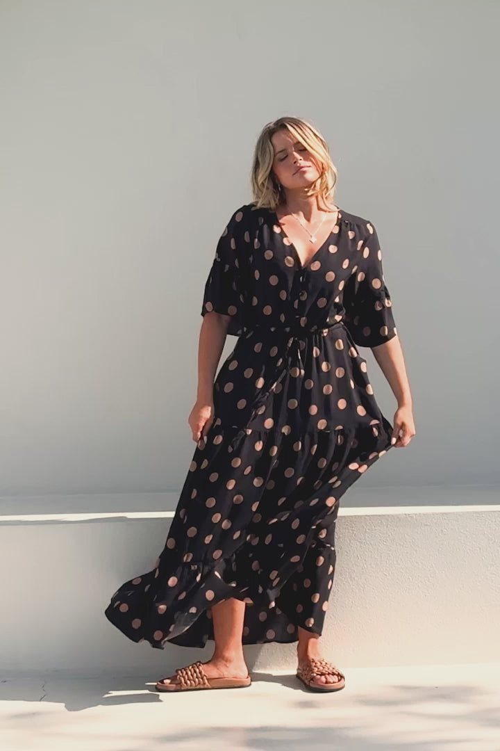 Rae Maxi Dress - Buttoned Bodice Pull Waist A Line Dress in Mahony Print