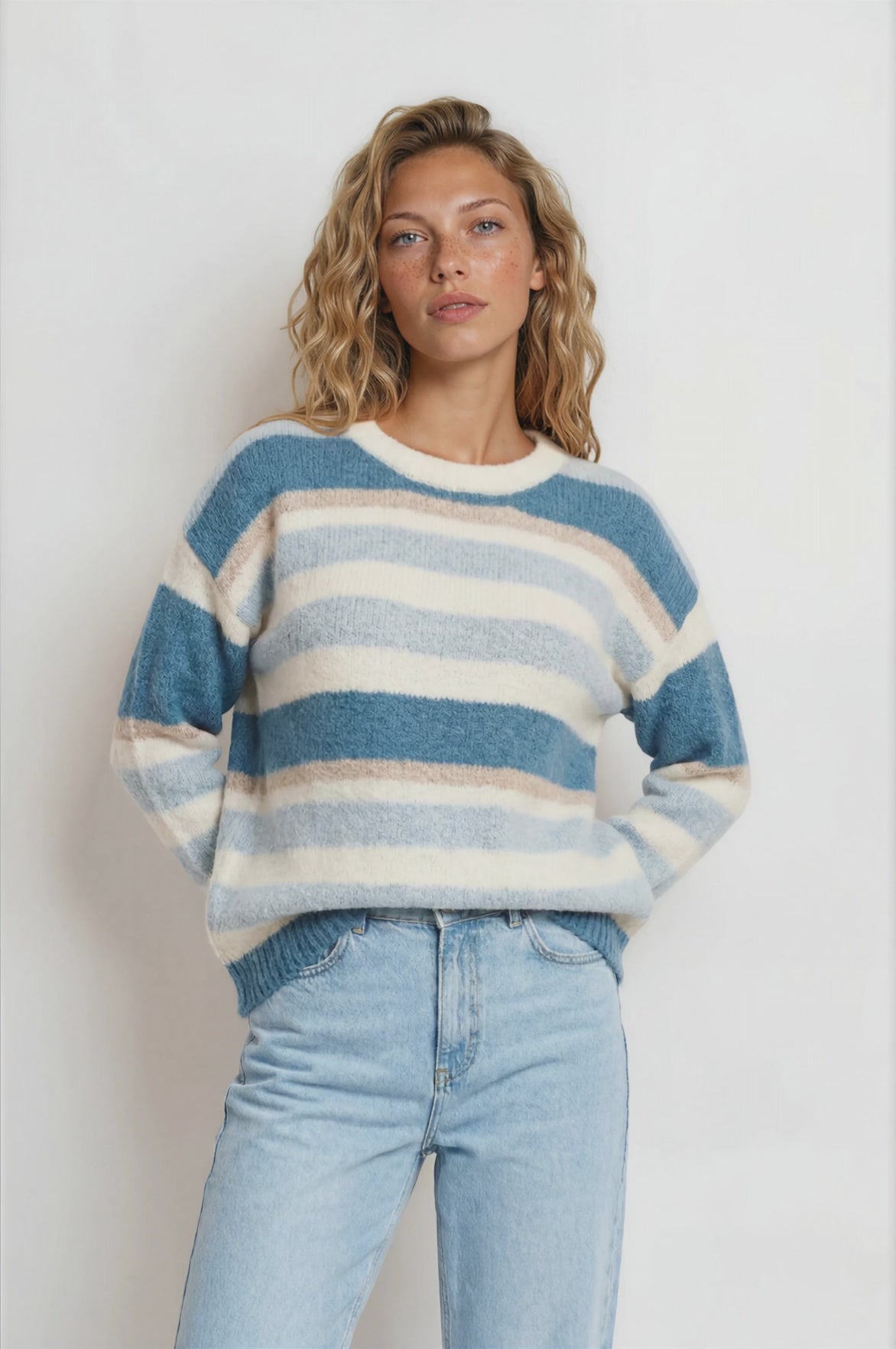 Bay Jumper - Crew Neck Striped Knit with Ribbed Hemlines in Blue