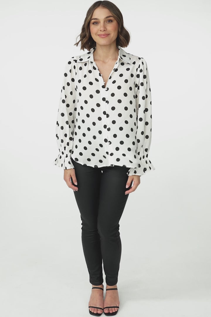 Bronte Blouse - Polka Dot Button Down Cotton Blouse in White and Black