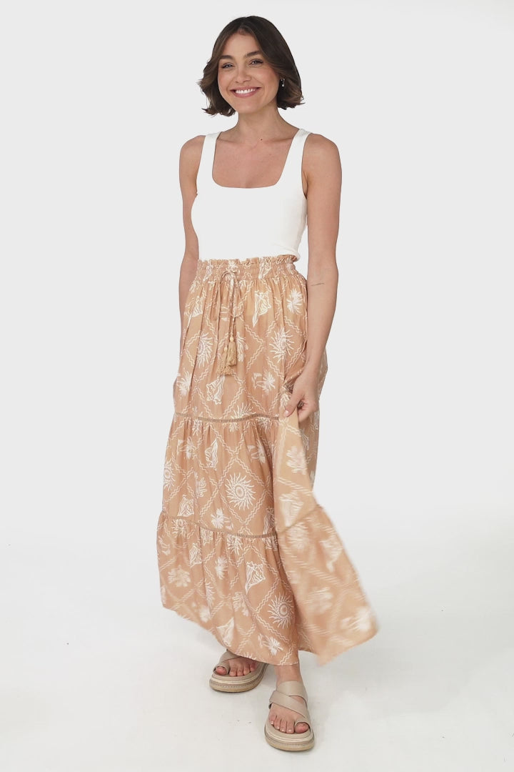 Billy Maxi Skirt - Tiered Crochet Insert Skirt in Kalah Print Beige