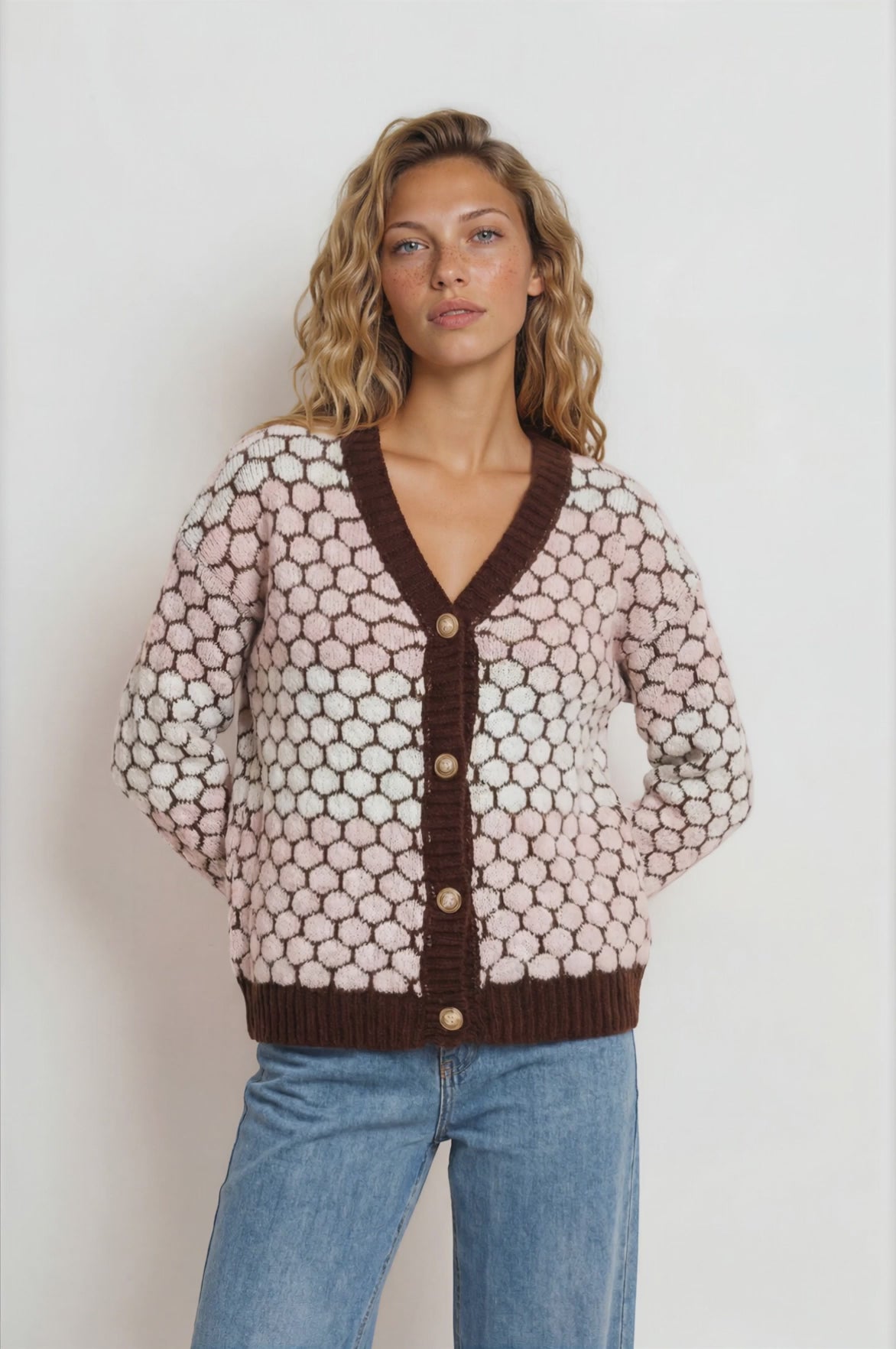 Betty Cardigan - V-Neck Colour Block Stripe Button Down Bubble Knit in Pink/Coffee