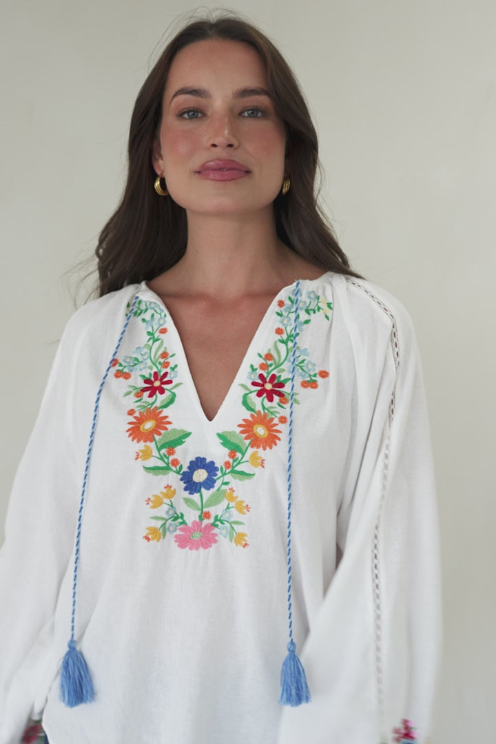 Margerie Top - Floral Embroidered Top with Long Sleeves in White