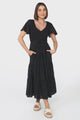 Alyse Midi Dress - Shirred Bodice Cap Sleeve Dress with Pull Tie Waist in Black