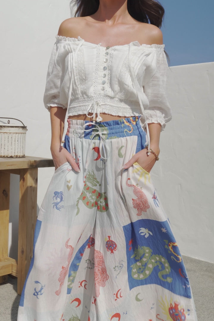 Charli Pants -  Paper Bag High Waisted Wide Leg Pants in Sylas Print