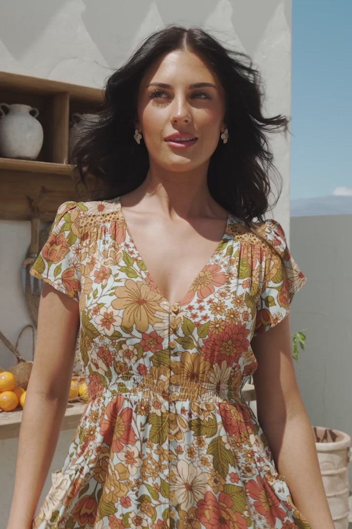 JAASE - Carmen Maxi Dress: Butterfly Cap Sleeve Button Down A Line Dress with Lace Trim in Mimosa Print
