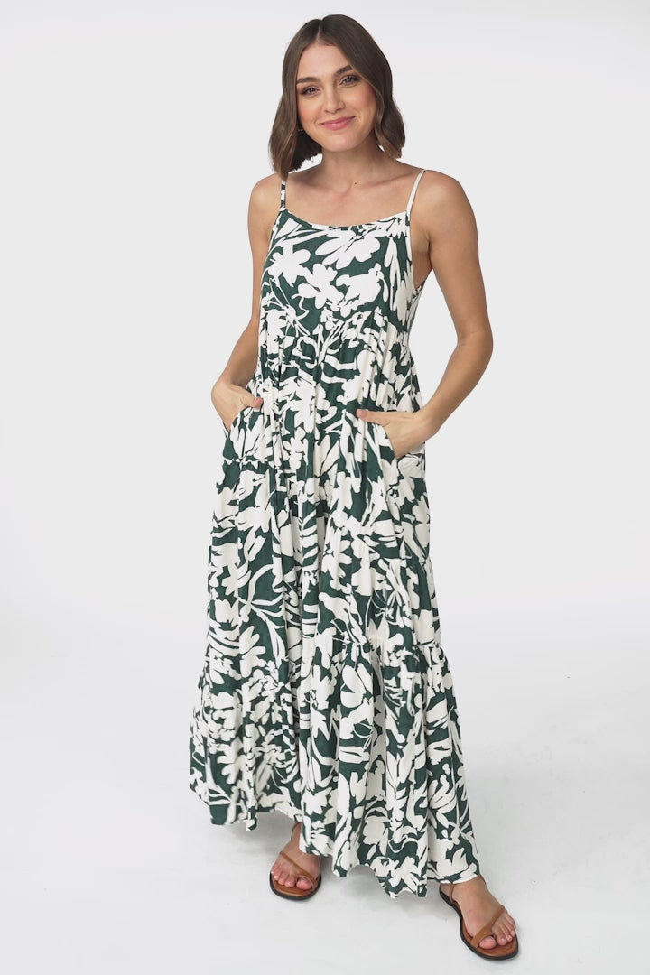 Kana Maxi Dress - Spaghetti Strap Asymmetric Tiered Dress in Charis Print Emerald