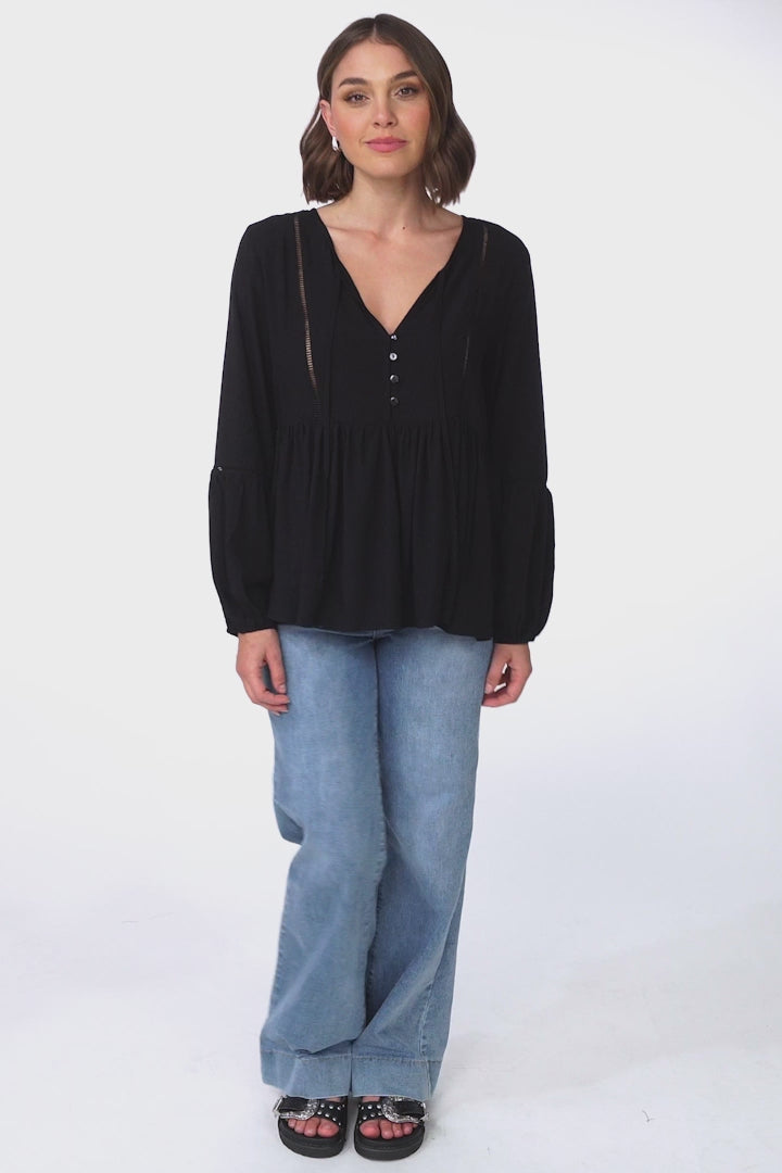 Alexia Top - V Neck Smock Top With Crochet Insert Details In Black