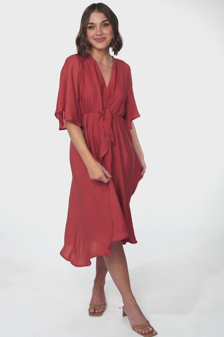 Satina Midi Dress - A Line Dress with Bell Sleeves in Rust