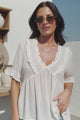 Catha Top - Frill Neckline Empire Bustline Top with Short Balloon Sleeves in White