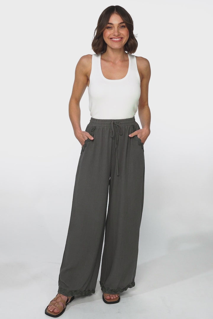 Bailie Linen Pants - Rick Rack Detailed Straight Leg Pants in Khaki