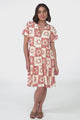 Wilma Mini Dress - Burmuda Collar Button Down Dress with Cap Sleeves in Sulane Print Terracota