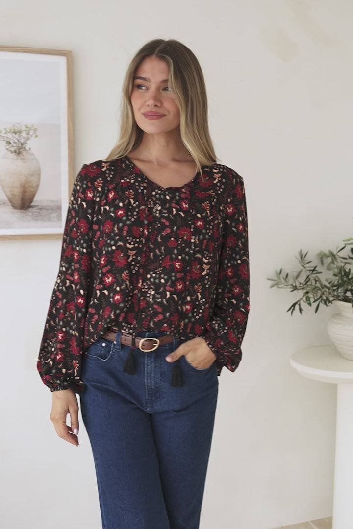 Mathilde Top - Soft V-Neck Pull Over with Long Sleeves and Neck Tie with Tassels in Nanushka Print