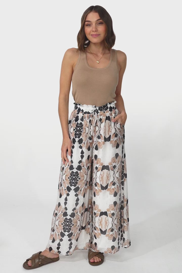 Noah Pants - Elasticated Waist Wide Leg Pant in Calea Print Beige