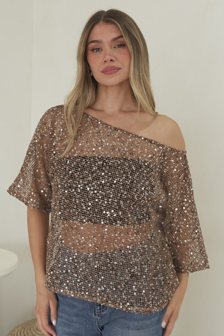 Janina Top - Off Shoulder Asymmetric Relaxed Sequin Mesh Top in Mocha