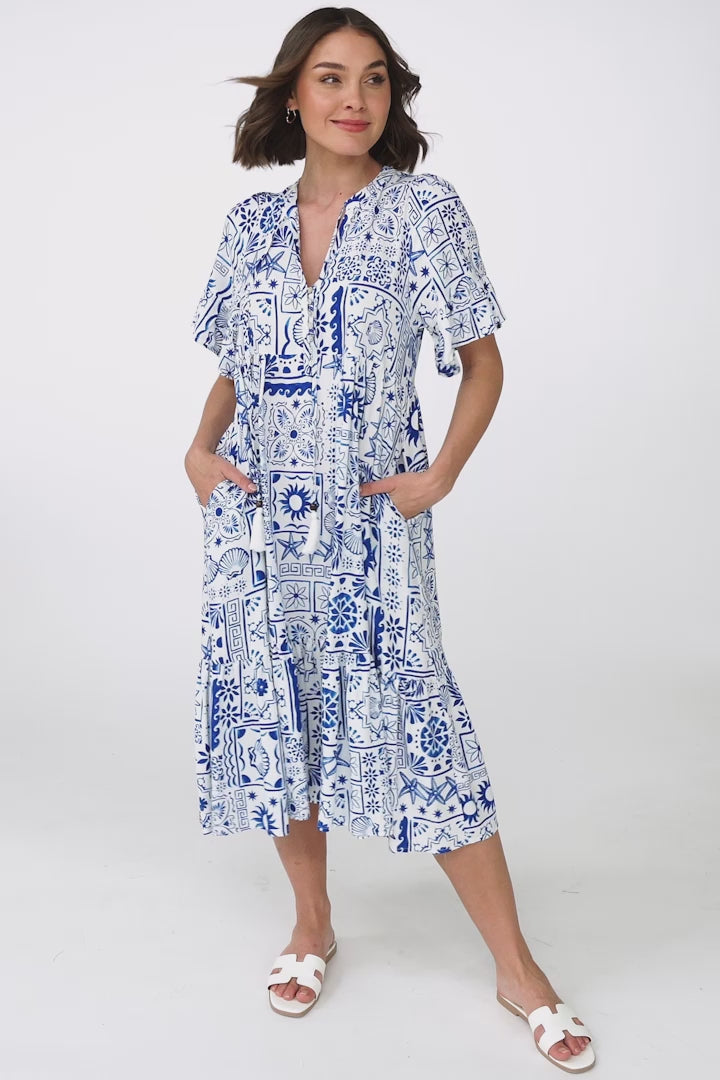 Orla Midi Dress - Mandarin Collar Smock Dress in Aine Print Blue