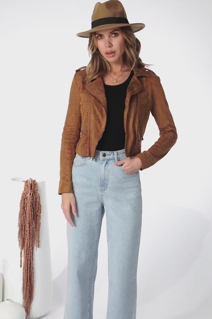 Jodi Jacket - Embroidered Detailing Biker Faux Suede Jacket in Tan