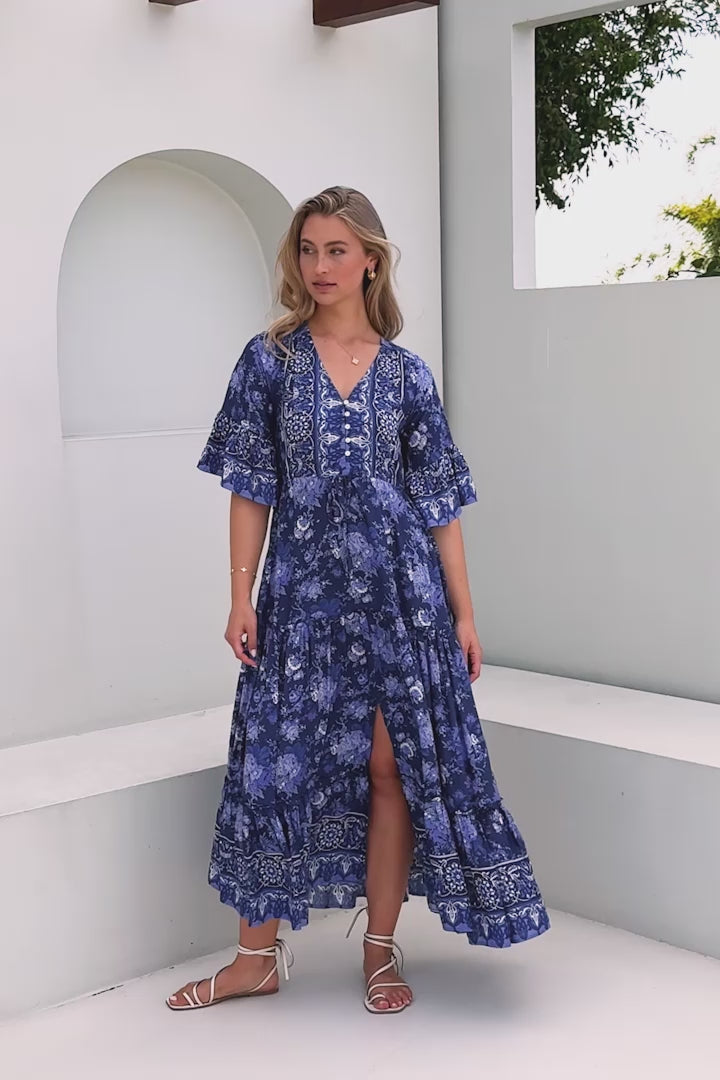 Sky Maxi Dress - A Line Dress with Front Split and Flute Sleeves in Janger Print