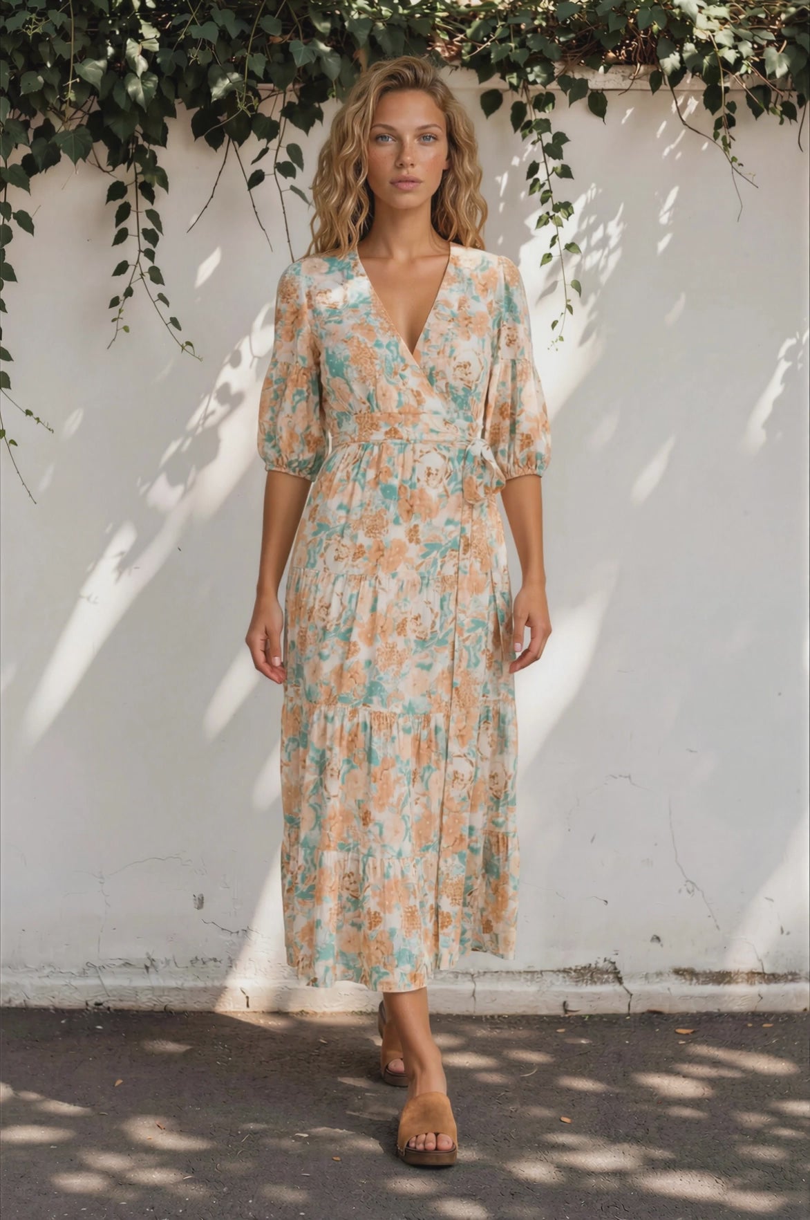 Thianna Wrap Maxi Dress - V Neck 3/4 Sleeve Tiered Wrap Dress in Begonia Print