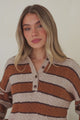 Westley Jumper - Wing Collared Striped Cable Knit with Buttoned Neckline in Taupe