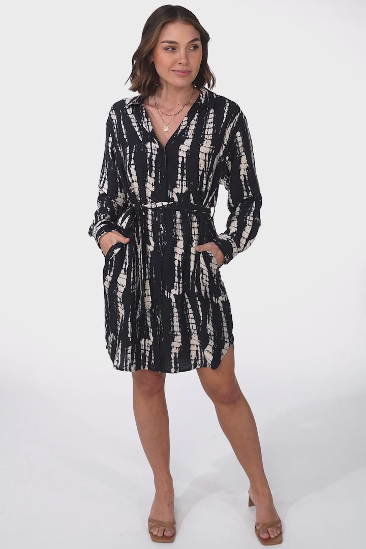 Margareth Mini Dress - Button Down Shirt Dress with Matching Waist Tie in Jae Print