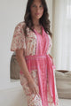 Marissa Midi Dress - Mandarin Collar Button Down Short Sleeve Dress in Thabita Print Pink