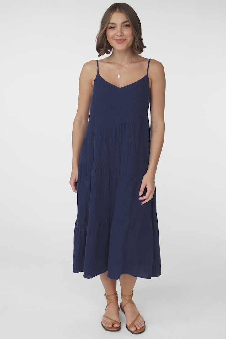 Rinley Midi Dress - Adjustable Strap Tiered Dress in Navy