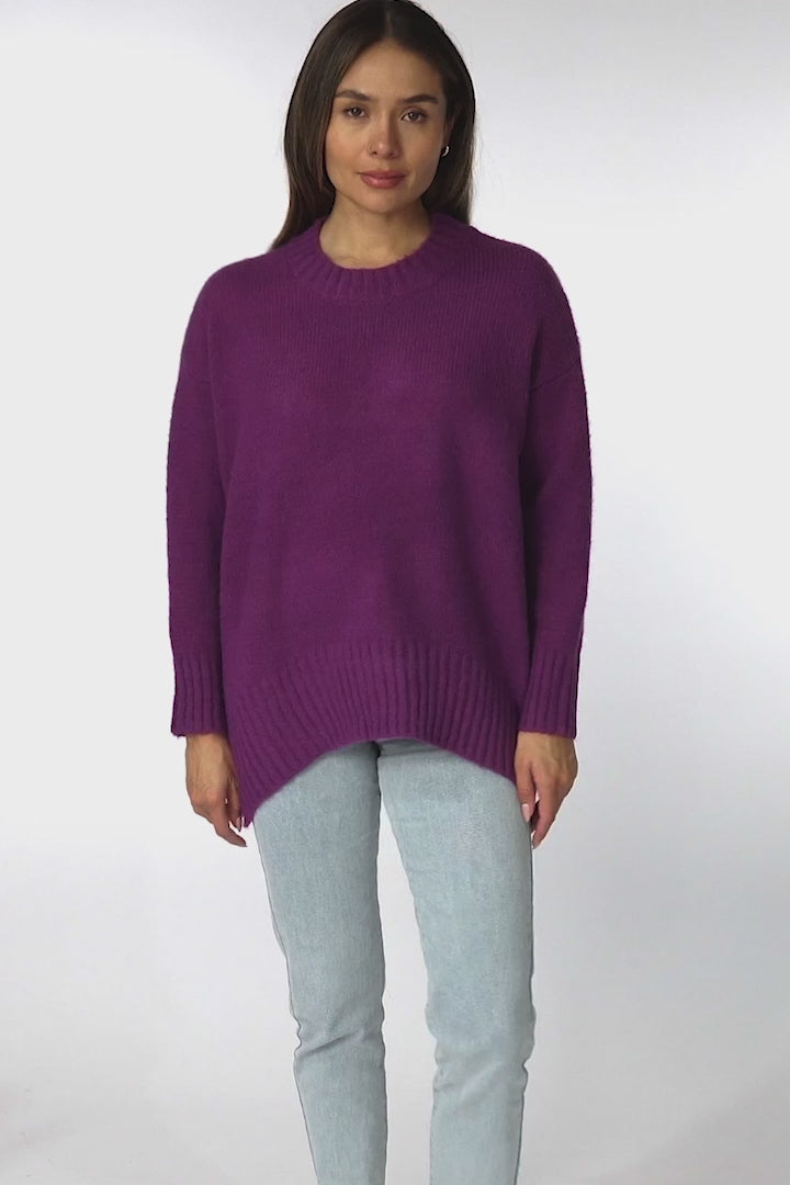 Sammy Jumper - Crew Neck Ribbed Shark Bite Hemline Jumper in Purple