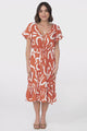 Kaida Midi Dress - Lattice Trim Detailed Buttoned Bodice A-Line Dress in Daley Print Rust