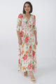 JAASE - Indiana Maxi Dress: Lace Back Shirred Waist A Line Dress with Handkercheif Hemline in Verbena Print