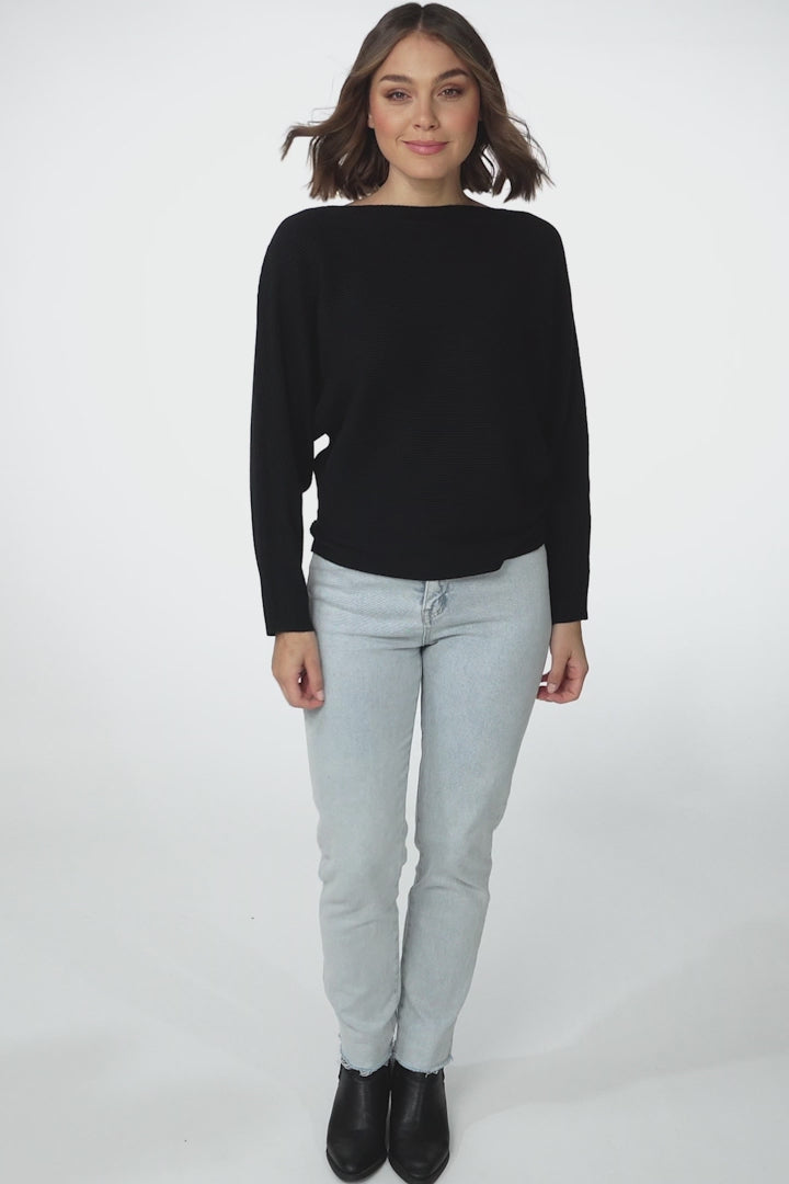 Havanah Knit Top - Boat Neckline Ribbed Top in Black