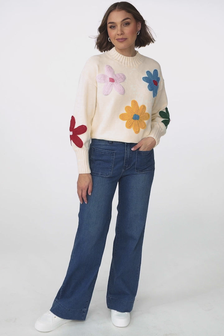 Blossom Jumper - Wool Blend Flower Decal Jumper in Multi-Coloured
