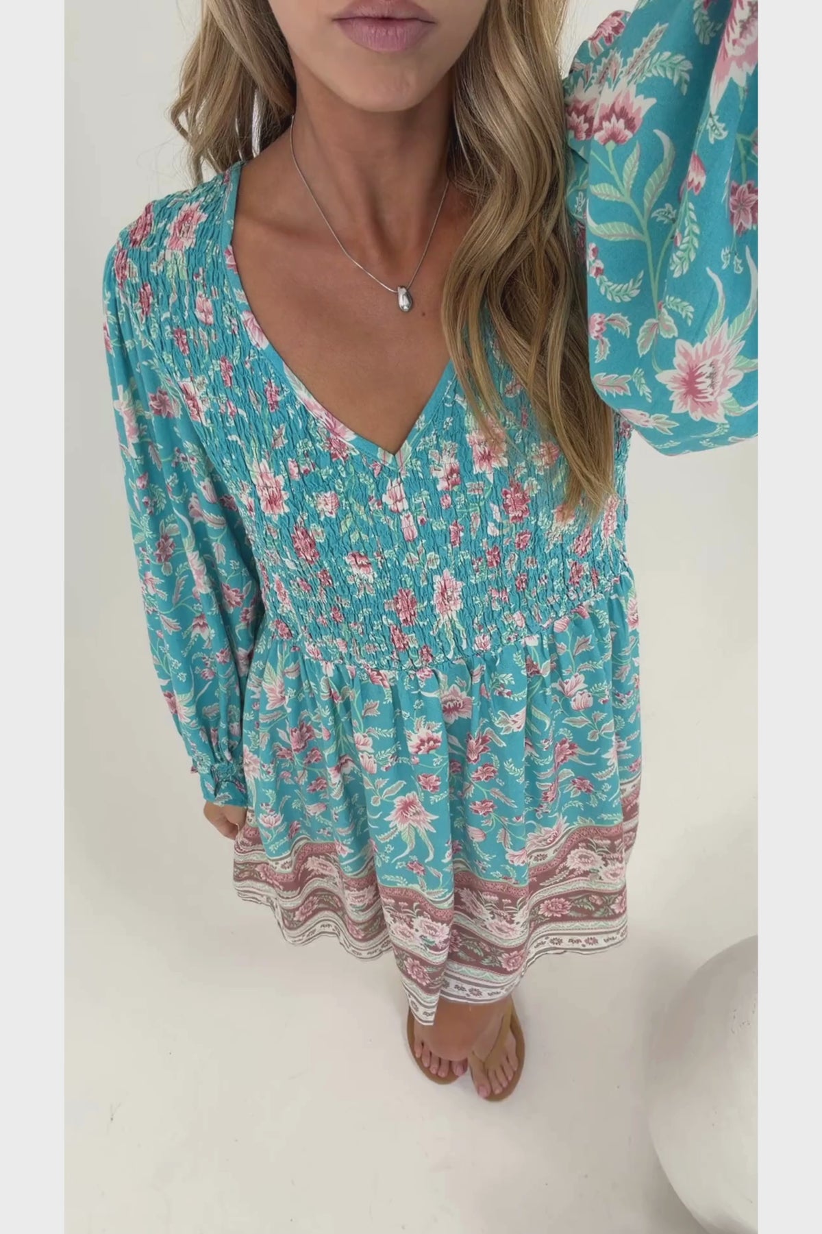 Brissa Mini Dress - V-Neck Shirred Bodice Balloon Sleeve Dress in Marina Blu Print